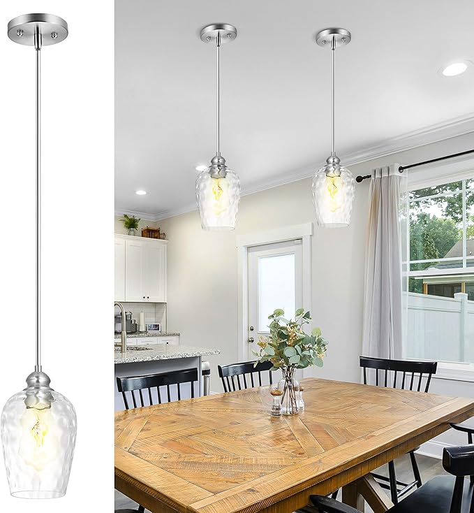 Glass Pendant Lights Kitchen Island, Brushed Nickel Pendant Light Fixtures with Hand-Blown Clear Glass, Modern Hanging Light for Kitchen Sink Dining Room Bedroom, E26