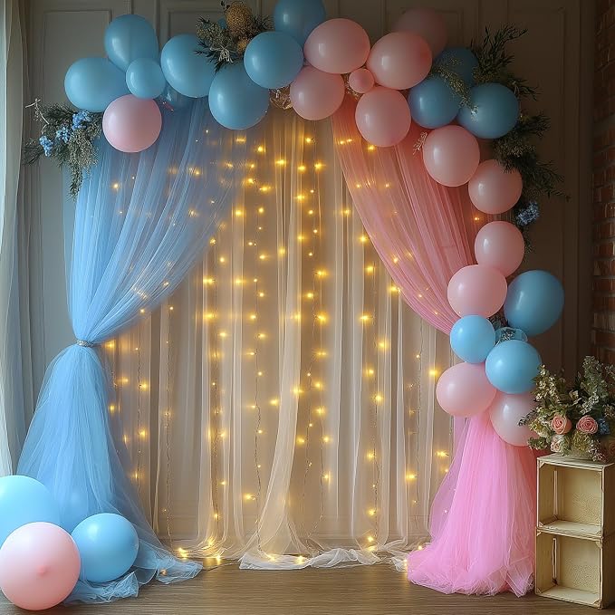 Pink and Blue Tulle Backdrop Curtains with Lights String – 2 Panels 5x8ft Sheer Backdrop for Gender Reveal, Baby Shower, Boy or Girl Birthday Party, Photo Shoot, Party Decorations