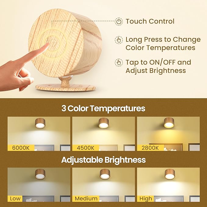 LED Wall Mounted Lamps, Battery Operated Rechargeable Wall Lights, 3CCT & Dimmable, 360°Rotation with Magnetic Ball, Cordless Wall Sconces for Picture Bedside Bedroom Reading, Wood-1 Pack