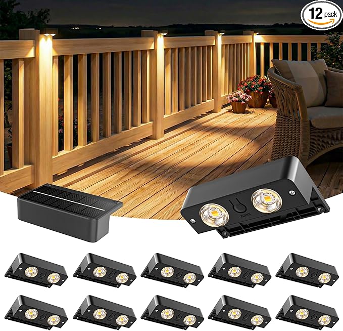 Bridika Solar Deck Lights Outdoor 12 Pack, Bright Solar Fence Lights with Lens, 3 Color Modes IP65 Waterproof Large Size Step Lights for Outside, Fence, Stair, Backyard, Patio, Wall