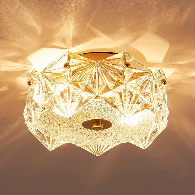 AGV LIGHTING CL058 Flushmount Ceiling Light Fixture, Close to Ceiling, Modern Design, 2-Lights, D9 x H5, Perfect for Living Room, Shield Shaped Glass Shade & Gold Finish Frame