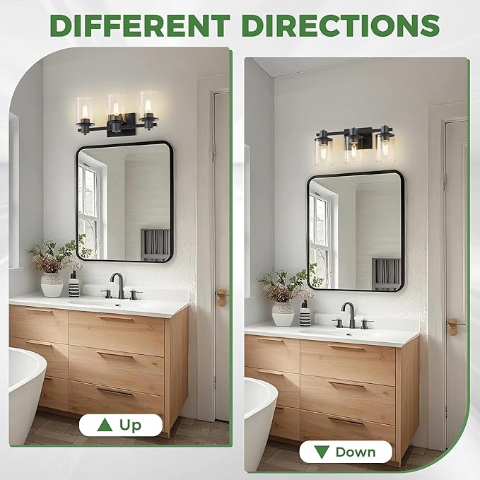 DORESshop 20 Inch Upgraded Bathroom Light Fixtures, 3-Light Black Bathroom Lighting Fixtures Over Mirror with Clear Glass Shade, Vanity Lights for Bathroom Living Room Bedroom, ETL Listed