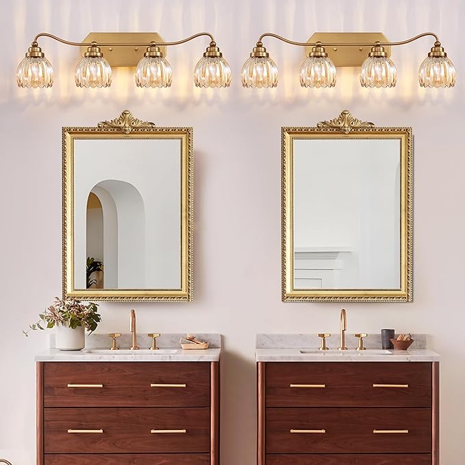 Vintage Bathroom Light Fixtures, 4 Light Gold Bathroom Vanity Light, Matte Antique Brass Finish with Amber Crystal Glass Shade, Wall Sconces Lighting for Bedroom, Living Room（Amber-colored Glass）