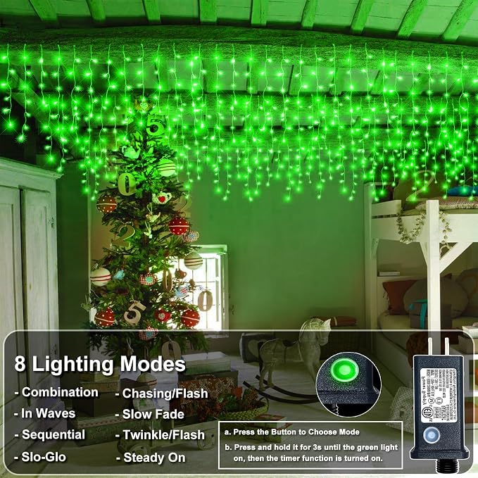 Icicle Lights for Outside - 33FT 400 LED Icicle Christmas Lights Outdoor with 75 Drops 8 Modes, Waterproof Connectable Curtain Hanging Lights for Indoor Eaves Patio Party Halloween Decorations, Green
