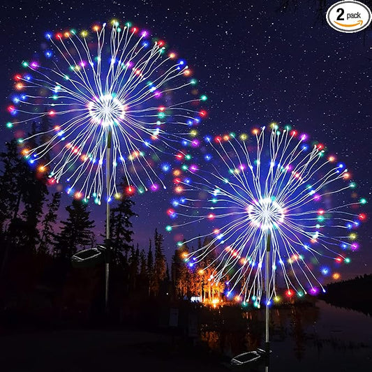 JJGoo Solar Firework Lights, 2 Pack 180 LEDs 2 Lighting Modes Solar Lights Outdoor Waterproof for Garden Patio Walkway Pathway Party Wedding Christmas Decorative - Colorful