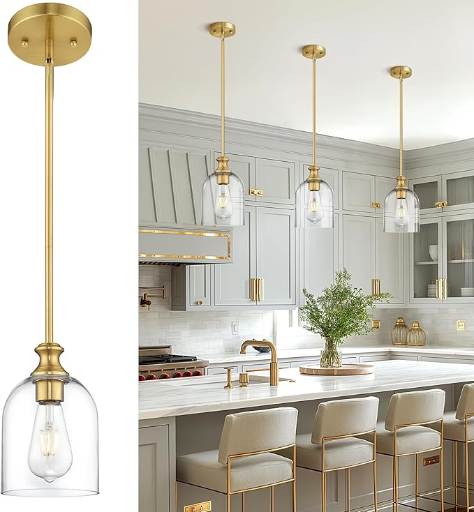 Autelo Gold Pendant Lights, 1-Light Pendant Lights Kitchen Island in Brushed Gold Finish with Clear Cylinder Glass, Vintage Pendant Light Fixtures, Vintage Hanging Lights for Kitchen Island H2511 CLBG