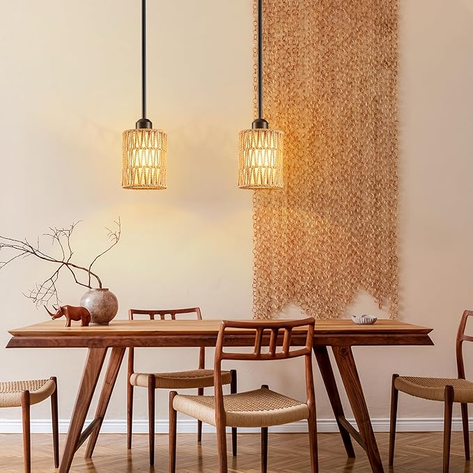 Rattan Pendant Light, 7 Inch 3-in-1 Boho Hanging Fixture with Iron Rods & Linen Shade, Adjustable Height & Sloped Ceiling Compatible for Kitchen Island Dining Room Farmhouse Bedroom, 2 Pack