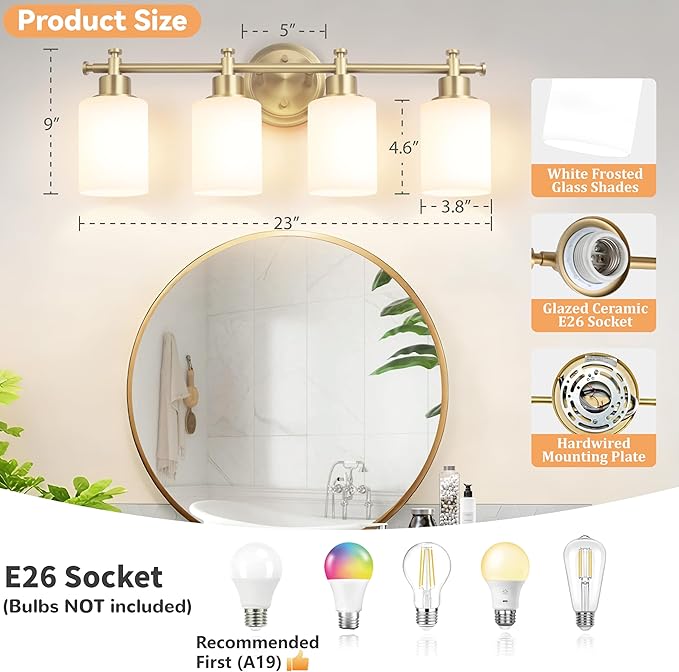 4-Light Bathroom Vanity Light, Brushed Gold Vanity Lights for Bathroom, Modern Brushed Gold Wall Sconce with White Glass Shades, Anti-Rust Light Fixtures over Mirror (Bulbs Not Included, E26 Base)