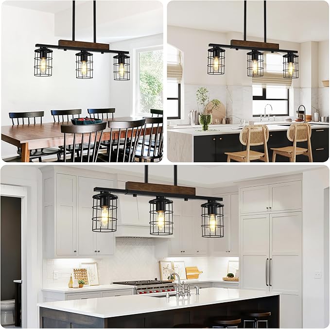 24" Farmhouse Kitchen Light Fixture, Black Hanging Kitchen Chandelier, 3-Light Rustic Dining Room Light Adjustable Height with Wood and Metal Frame, Suit for Farmhouse, Industrial Style