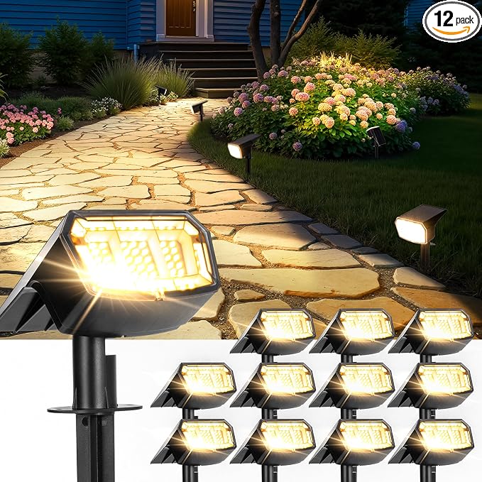 Solar Spot Lights Outdoor IP67 Waterproof 12 Pack, 63 LED 3 Modes Solar Landscape Spotlights for Yard Garden Pathway Wall House Garage (Warm White)