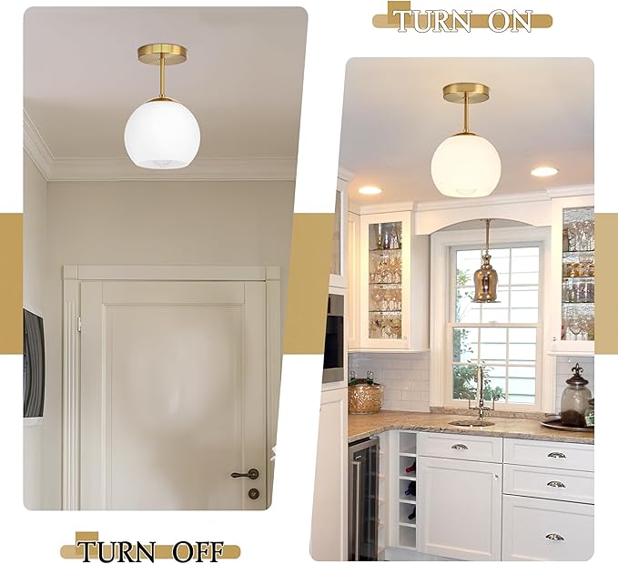 Gold Semi Flush Mount Ceiling Light Fixture Milk Glass Light Fixture Mid Century Flush Mount Ceiling Lights Brass Flush Mount Ceiling Schoolhouse Lights for Dining Room(Bulb Incl.)