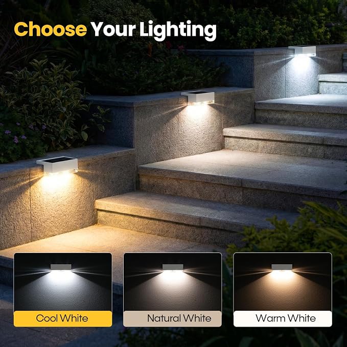 JOFIOS Solar Deck Lights 8 Pack, 3 Color Modes Soft Warm/Natural/Cool Glow, IP65 Waterproof Step Lights for Outdoor Ambiance, Solar Lights for Fence, Deck, Railing, Patio & Backyard Decor (White)