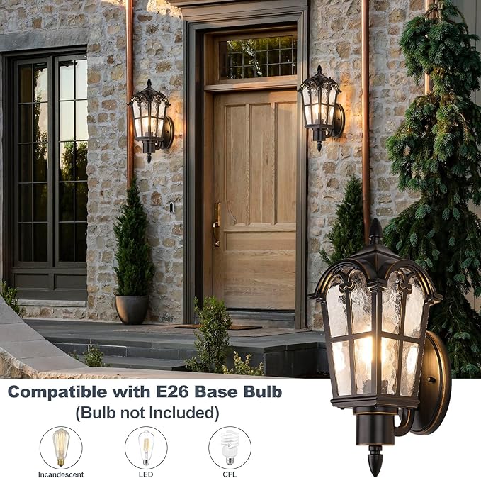 Sucolite Outdoor Wall Light Fixtures, Black & Gold Exterior Waterproof Porch Lights, Vintage Outside Wall Sconces with Water Ripple Glass for House Front Door Garage, 2 Pack