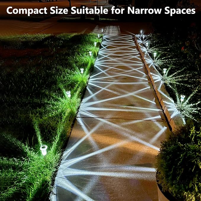 DenicMic Solar Pathway Lights Outdoor Waterproof 6000K Cold White LED Decor | Yard Garden Driveway Walkway Landscape Path Lights Diamond-like Style Starburst Light Pattern, Acrylic/Stainless Steel 15Pack