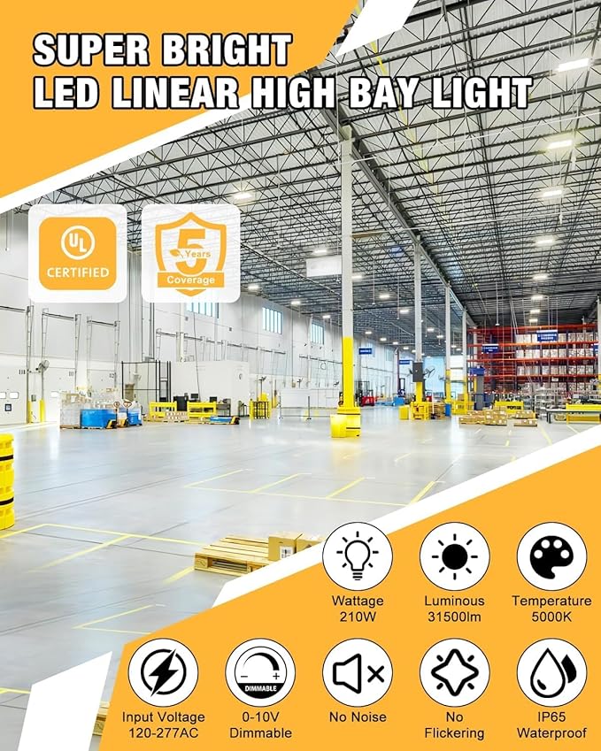 LED Linear High Bay Light, 210W High Bay Shop Lights Fixture, Compatible with Industrial 120-277V, 31500LM for Shop Garage Warehouse, UL Complied, 20 Pack, White