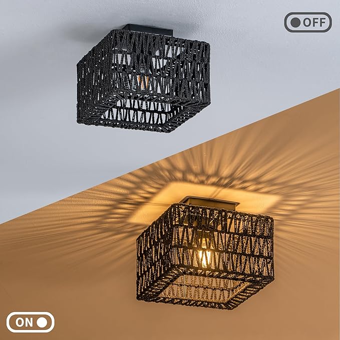 Rattan Ceiling Light, Black Boho Light Fixture, Square Flush Mount Ceiling Light for Bedroom, Hallway, Entryway, Kitchen, Laundry
