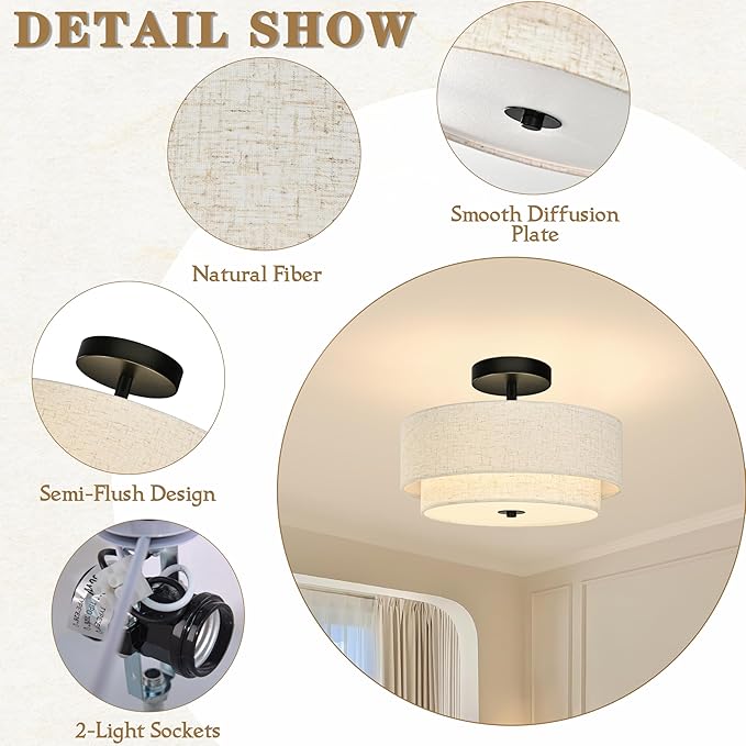 2 Light Semi Flush Mount Ceiling Light Fixture 12.6 Inch Modern Black Drum Ceiling Light Fixture with 2-Layer Fabric Shade Dimmable Close to Ceiling Light for Living Room Hallway Bedroom Entryway