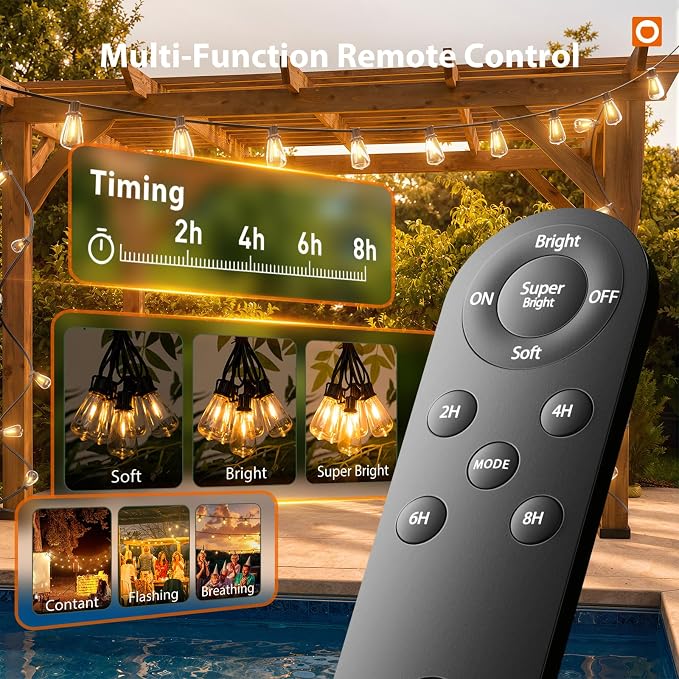 addlon 72FT Solar String Lights Waterproof with Remote & USB, Patio Lights Solar Powered with LED Shatterproof Bulbs Dimmable for Backyard