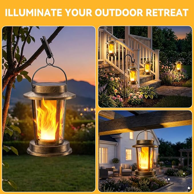 Solar Lanterns Outdoor Waterproof, Upgraded Flickering Flame Solar Lights Outdoor, Solar Powered Lanterns Decorative, Hanging Solar Lantern for Garden Yard Patio Path Porch Tree Decor 2 Pack(Copper)