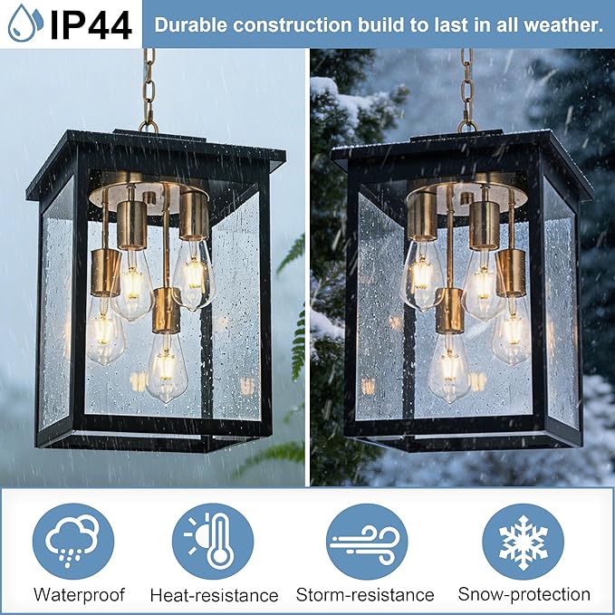 TODOLUZ 4-Lights Large Outdoor Pendant Light Fixture, Waterproof Porch Hanging Lighting with Adjustable Chain Seeded Glass Panel & E26 Bulb Base for Porch Patio Garden