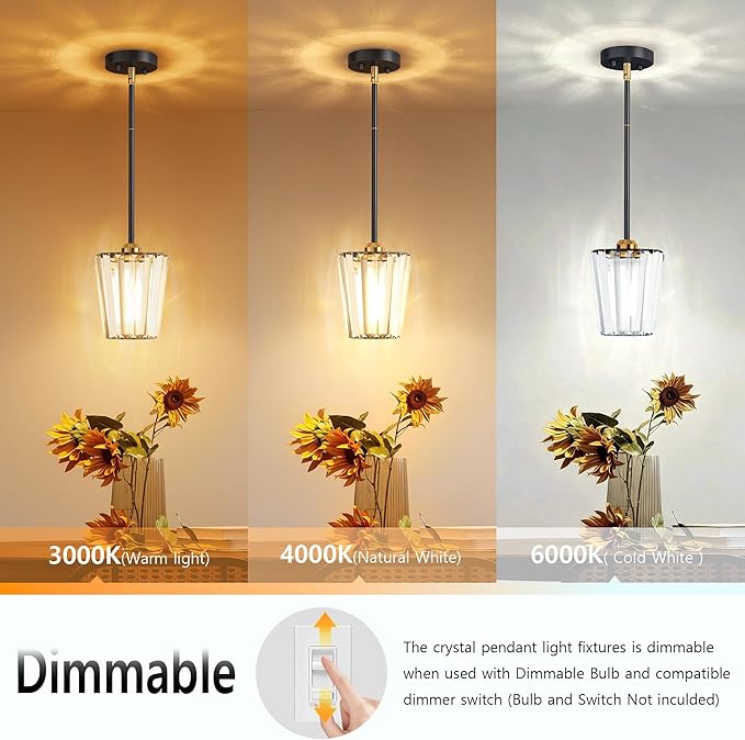 Crystal Pendant Lights Kitchen Island 3 Pack, Modern Black Gold Pendant Light Fixtures Mini Adjustable Chandeliers for Kitchen Island Dinning Room Bedroom Hallway with E26 Base (Bulbs Not Included)