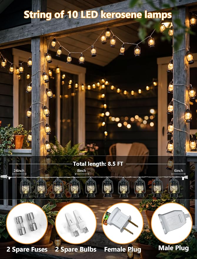 8.5Ft Black Mini Kerosene String Lights, Vintage Camping Lantern Lights Outdoor with 10 LED Oil Lamp Bulbs, Waterproof Connectable Plug in Fairy Lights for Patio RV Awning Bedroom Party Holiday Decor