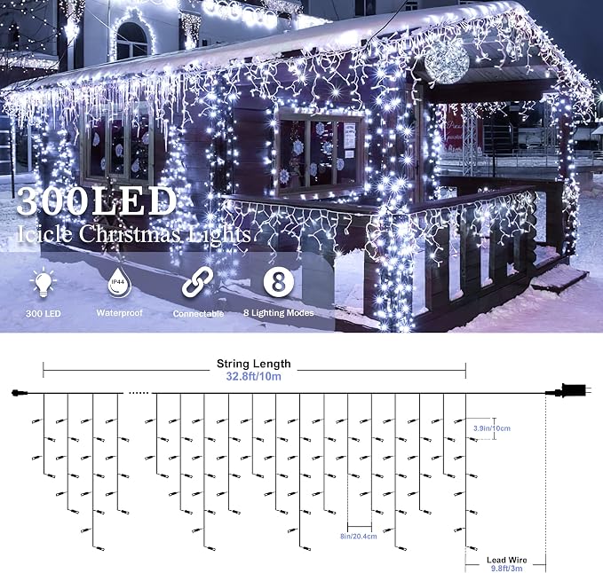 Icicle Lights Outdoor Decorations 300 LED 33ft 8 Modes Curtain Fairy String Light with 50 Drops, LED String Light Indoor for Wedding Party Holiday Christmas Decorations,White