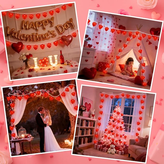 PASUTO Red Heart String Lights, 8.5Ft Valentines Day Decorations Light with 10 LED Red Heart Lights, Connectable Romantic Fairy Light for Wedding Valentine's Day Anniversary Indoor Party Decor