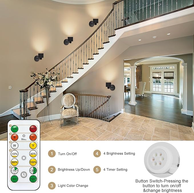 Tipace Vintage Battery Operated Wall Sconces,Cordless Battery Powered LED Wall Lights Set of 2,Wall Lamp Fixture Black 360°Rotate with Remote Control for Bedroom Farmhouse Gallery
