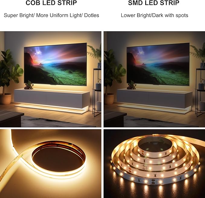 AXMOTUT 65.6ft COB LED Strip Light Warm White, High Bright LED Strips with 320LEDs, RF Remote and UL Power Supply, 3000K Dimmable LED Lights for Bedroom,Kitchen, DIY Home Decoration, 2 Rolls of 32.8ft
