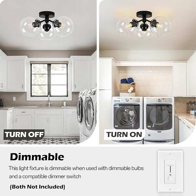 KoKo&Yukina 3-Light Mid Century Modern Black Semi Flush Mount Ceiling Light Globe Sputnik Chandelier Fixture Clear Glass Globe Ceiling Lights for Bedroom Living Room Hallway Entryway Foyer