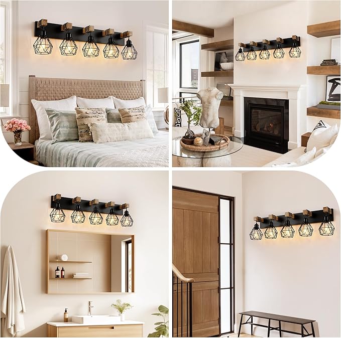 Farmhouse Vanity Light for Bathroom, 5-Light Wood Bathroom Vanity Light Fixtures Over Mirror, Rustic Sconces Wall Lighting with Metal Lampshade for Living Room, Bedroom, Hallway
