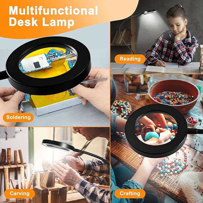 20X/10X Dual-Lens Magnifying Glass with Light and Timer, Combination Lens Magnifier with Light, 3 Color Modes, 2 in 1 Magnifying Desk Lamp for Craft Hobby Painting Sewing Close Work