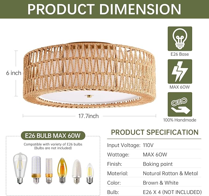 Modern Flush Mount Ceiling Light, 4-Light Boho Rattan Light Fixture Large Gold Ceiling Light Bedroom Light Fixtures for Living Room Dining Room Kitchen Foyer