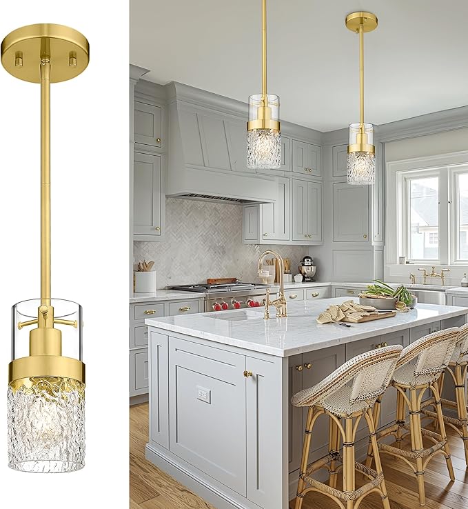 LMS Gold Pendant Light, 1-Light Pendant Lighting for Kitchen Island with Hammered Glass, LMS-171