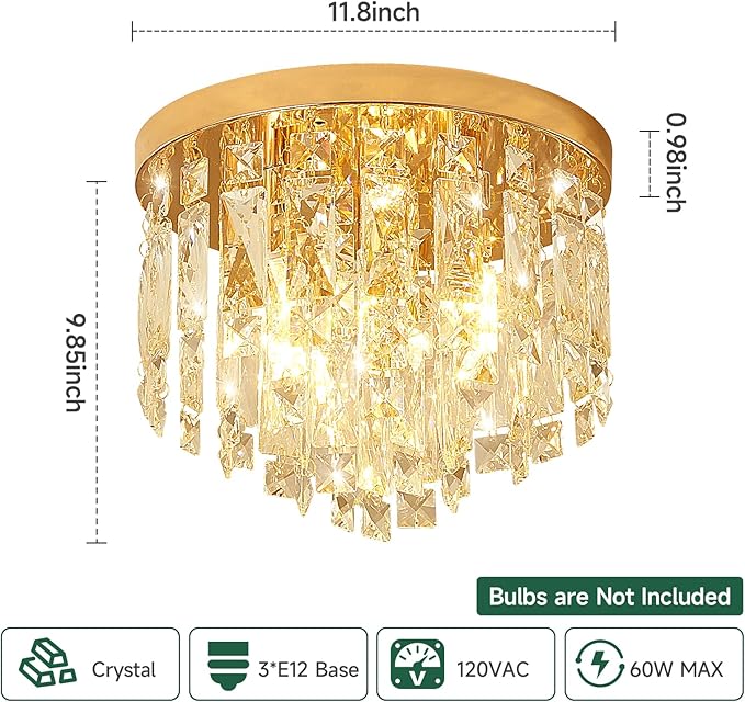 YMP&YZX Small Crystal Chandelier for Low Ceiling,11.8" French Gold Modern Crystal Chandelier with E12 Base Lights for Bedroom Living Dining Room Hallway Closet Light Fixture Flush Mount 3 Light