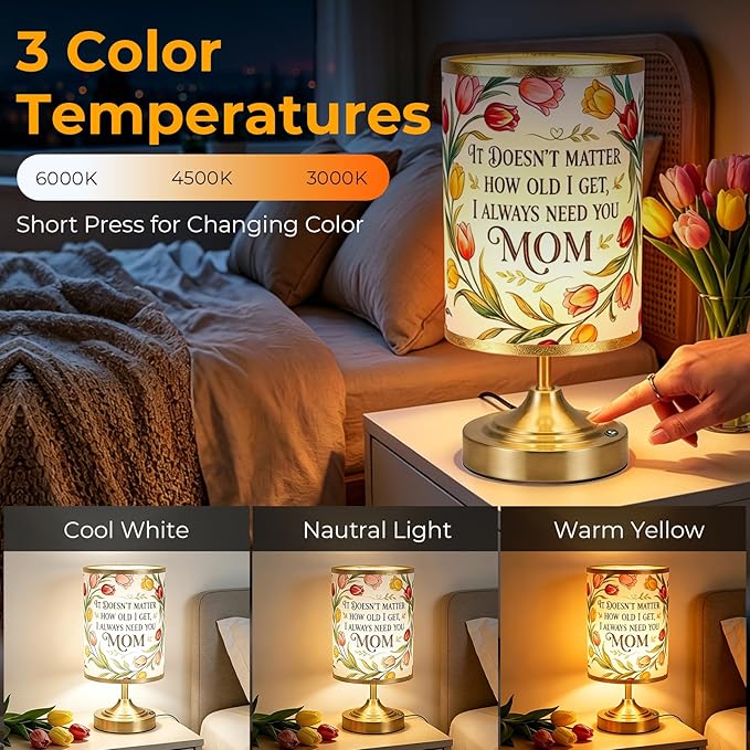 Cordless Table Lamp,Mothers Day Gift for Mom Mother Grandma, 4000mAh Rechargeable Bedside Lamp,3 Color Modes & Stepless Dimming Tulip Desk Lamp, Cute Birthday Gift for Mom Women from Daughter Son