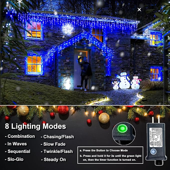 Icicle Christmas Lights Outdoor - 66FT 640 LED Icicle Lights for Outside with 8 Modes Timer, 120 Drops Waterproof Connectable Curtain Lights for Indoor House Patio Roof Holiday Decorations, Blue