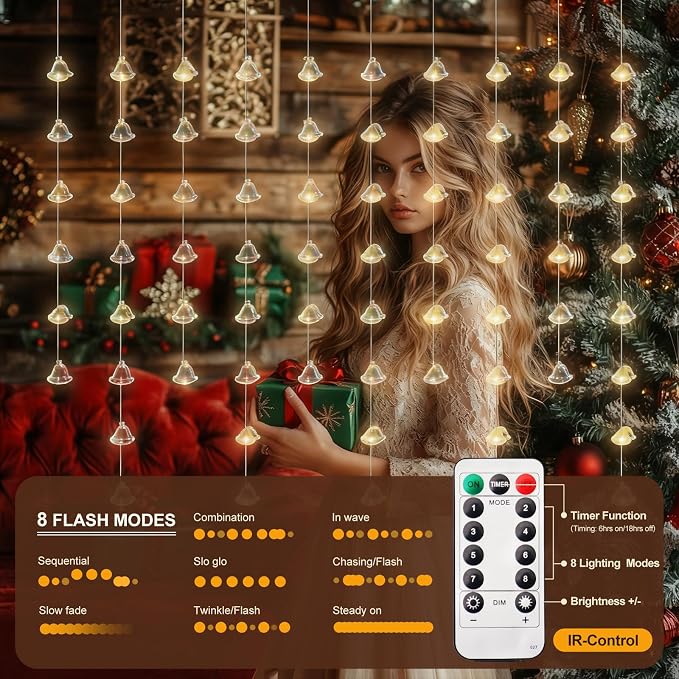 Santa Hats Curtain Lights, Warm White Window Lights 70 Hanging Light with Remote Fairy Led Twinkle String Lights Home Bedroom Wall Ceiling Décor for Christmas, Wedding, Party, Birthday