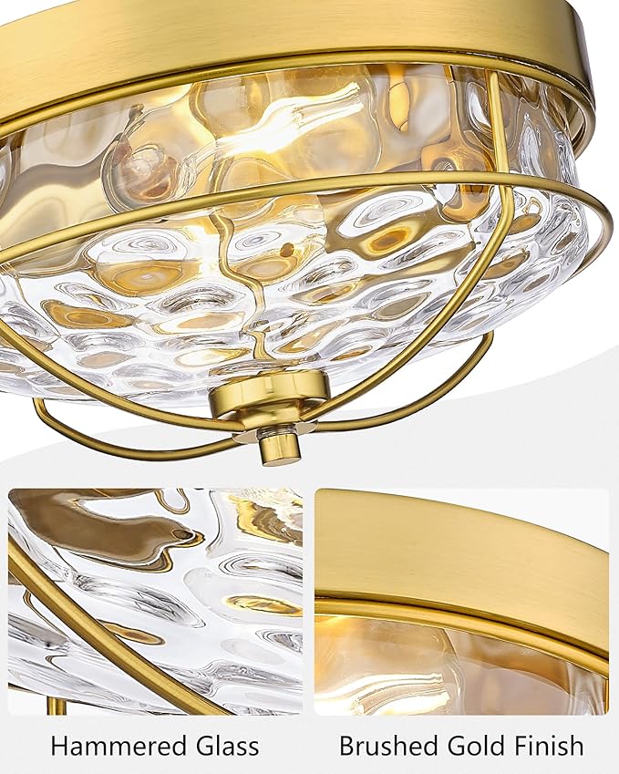 Flush Mount Ceiling Light Gold, HWH 12 Inch Ceiling Light Fixture with Water Ripple Hammered Glass, Modern 2-Light Ceiling Mount Light for Bedroom Kitchen Foyer, 5HTJ7WG-F BG