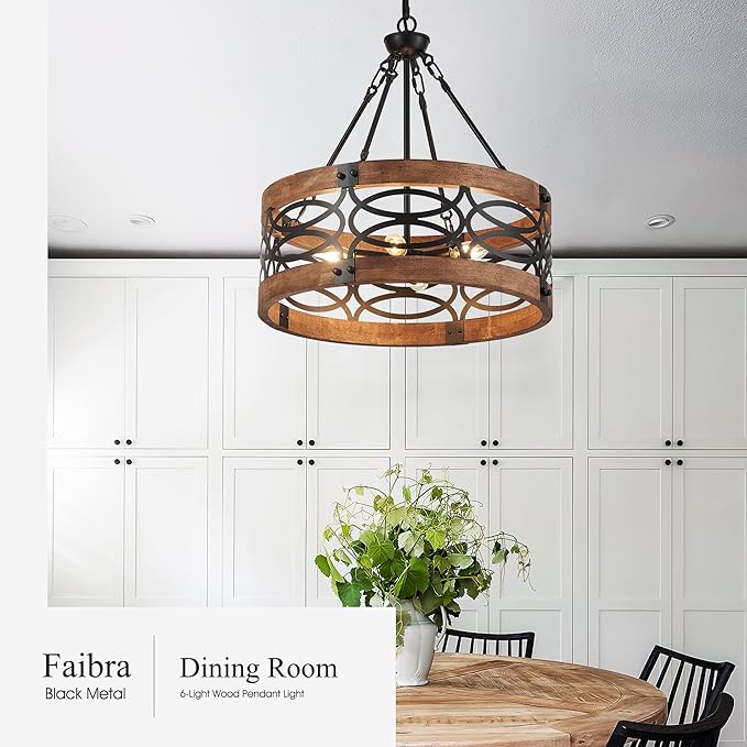 6-Light Farmhouse Drum Wood Pendant Light,19.7'' Vintage Rustic Brown Oak Wood Chandeliers,Retro Industrial Hanging Light Fixtures for Dining Room Entryway, Bedroom
