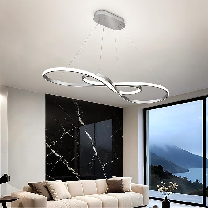 Modern Led Pendant Light, Dimmable Silver LED Chandelier for Dining Room Light Fixture Over Table Modern Kitchen Island Lighting, Height Adjustable Ceiling Light