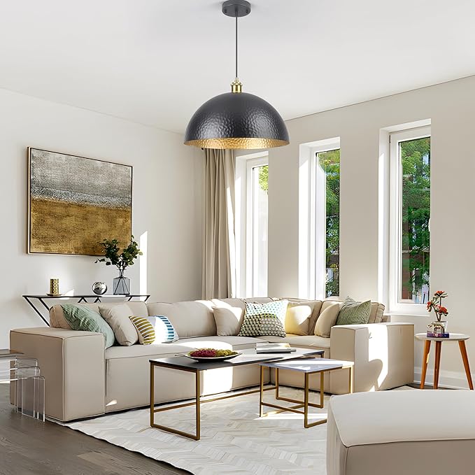 15.74" Black Farmhouse Pendant Light with Hammered Metal Shade Vintage Dome Pendant Light Adjustable Hanging Lighting fixtures for Kitchen Island Dining Room Hallway and Bar
