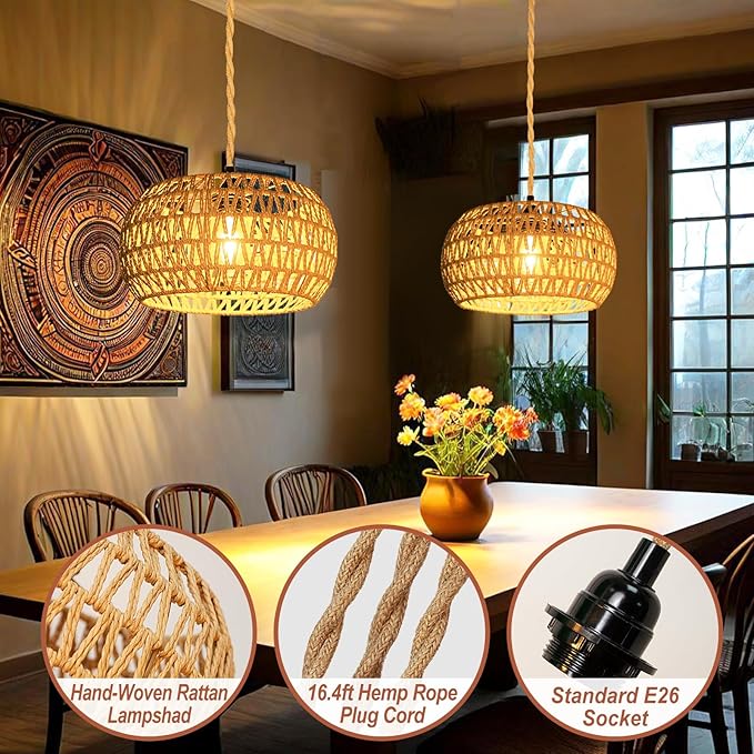 Hanging Lights with Plug in Cord Rattan Hanging Lamp Boho Ceiling Light Fixtures Farmhouse Pendant Lamp Shape for Living Room Bedroom Kitchen