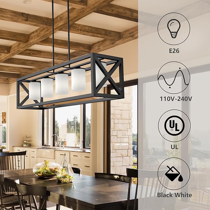 Espird Black White Dining Room Light Fixture - 5 Light Rectangle Light Fixtures with Milk White Glass Shade & Adjustable Height & Thickened Metal Dining Table Lights Fixture Chandeliers for DiningRoom