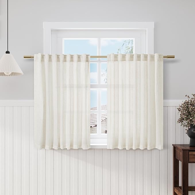 Nanspring Cream Linen Back Tab Rod Pocket Curtains 50 Inch Length for Small Short Windows 2 Panels Set Neutral Modern Farmhouse Window Curtain Privacy Semi Sheer Linen Drapes Rustic Curtain 52x50
