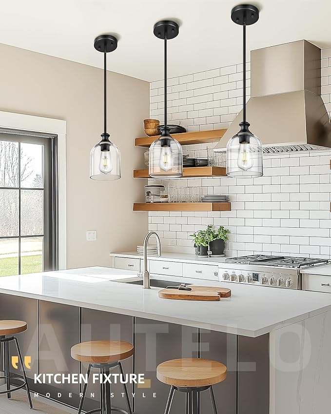 AUTELO 2 Pack Matte Black Pendant Lights, Hanging Lamp with Clear Cylinder Glass, Modern Pendant Lights Kitchen Island with Adjustable Rods, H2511 CLBK 2PK