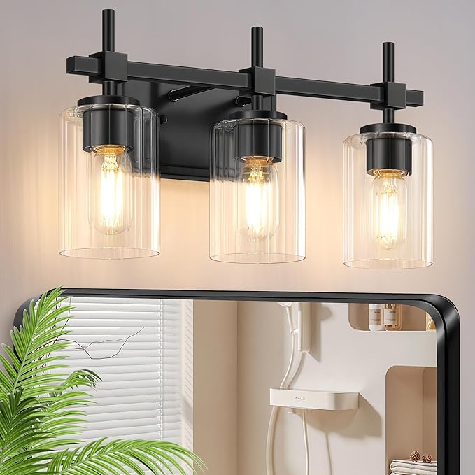 Asnxcju 3-Light Matte Black Vanity Light for Bathroom, Modern Bathroom Lighting Fixtures Over Mirror, Vanity Lights with Clear Glass Shade, Industrial Bath Wall Lamp for Living Room Bedroom Hallway