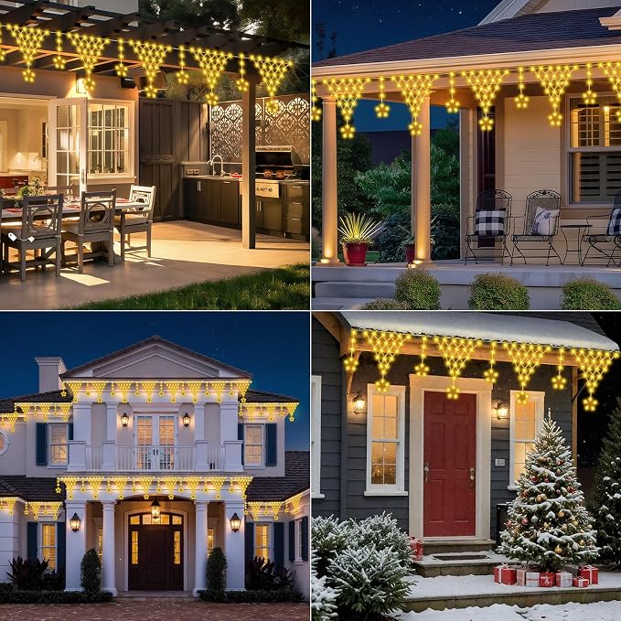 Outdoor Christmas Lights, 13.8ft 218 LED Curtain Lights, Icicle String Lights with 12 Drop Stars for Curtain, Indoor, Garden, Patio, Wedding, New Year, Home Decoration - Warmwhite