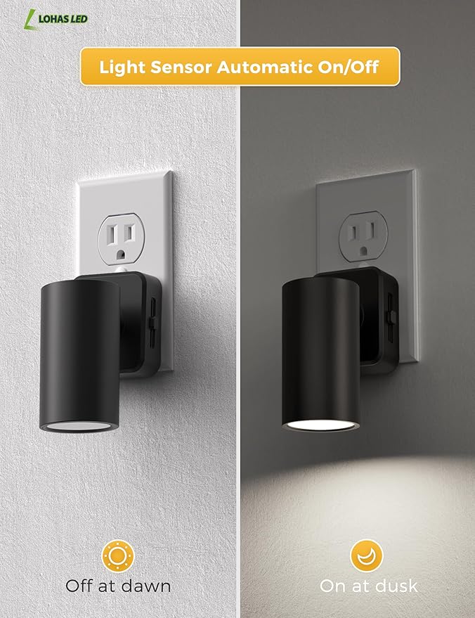 L LOHAS LED Night Lights Plug into Wall, [2-Pack] Rotatable Night Lights with Dusk to Dawn Sensor, 0-100 LM Brightness Adjustable,Daylight White 5000K Spot Light Indoor for Bathroom Hallway
